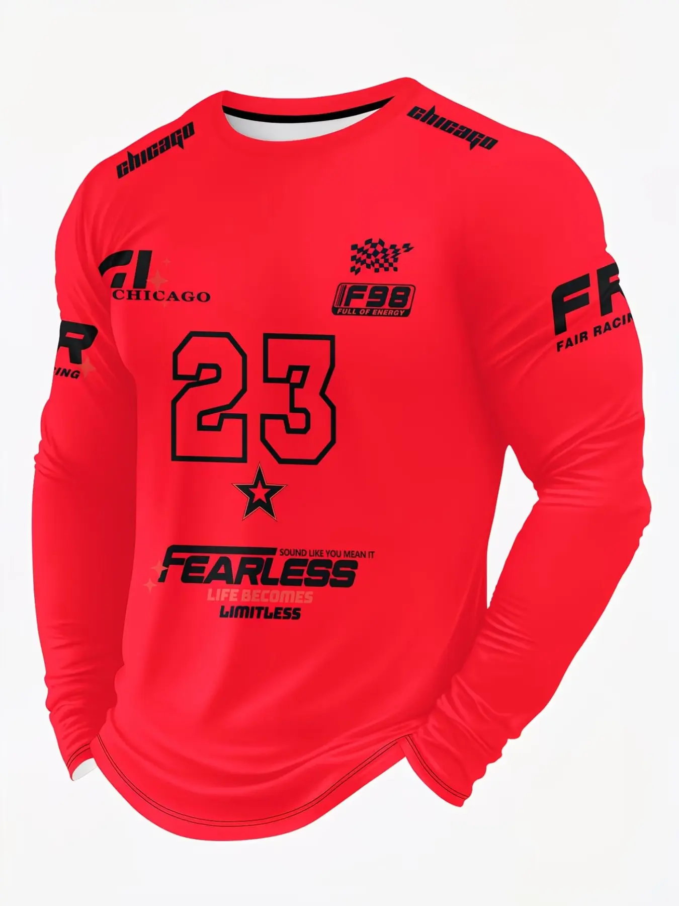 Men's Chicago Theme Long Sleeve T-Shirt, Spring & Fall Casual Fitted Sportswear, Athletic Fashion Activewear, All over Print American Racing Style Top