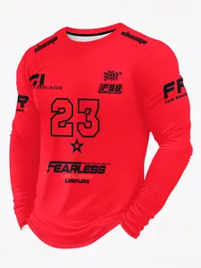 Men's Chicago Theme Long Sleeve T-Shirt, Spring & Fall Casual Fitted Sportswear, Athletic Fashion Activewear, All over Print American Racing Style Top