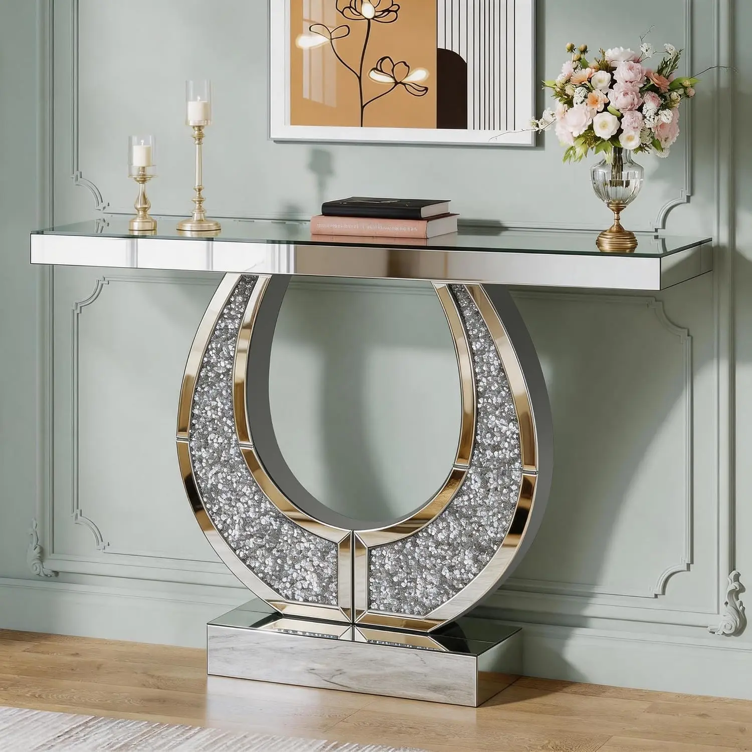 45 Inch Mirrored Console Table with Crushed Diamond Inlay, O-Shaped Glam Sofa Behind Table, Silver Glass Entryway Table for Hallway Living Room Luxury Decor，Silver