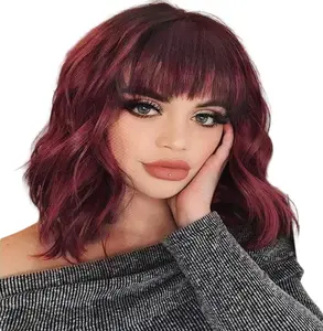 SummerVibes AISI HAIR Wig with Bangs for Women Bob Wavy Synthetic Ombre Honey Blonde Wigs with Natural Curly Heat Resistant Hair for Daily Party Use