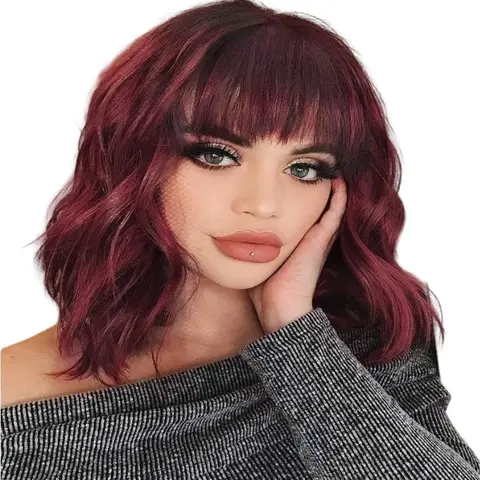 AISI HAIR Women's Synthetic Fiber Bob Length Full Machine Wig - Honey Blonde Ombre Curly Wavy, Heat-Resistant, Versatile Bangs, Adjustable Cap, for Daily Party, Weddings