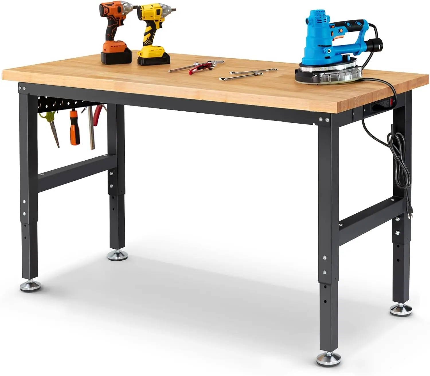 ENJOYWOOD 60-Inch Wood Workstation - Adjustable Height Steel Frame Garage Workbench with Anti-Slip Rubber Wood Tabletop, Pegboard, Power Outlets, 2000lbs Capacity, Quick Assembly Required, Durable for Woodworking Shop, Home Office
