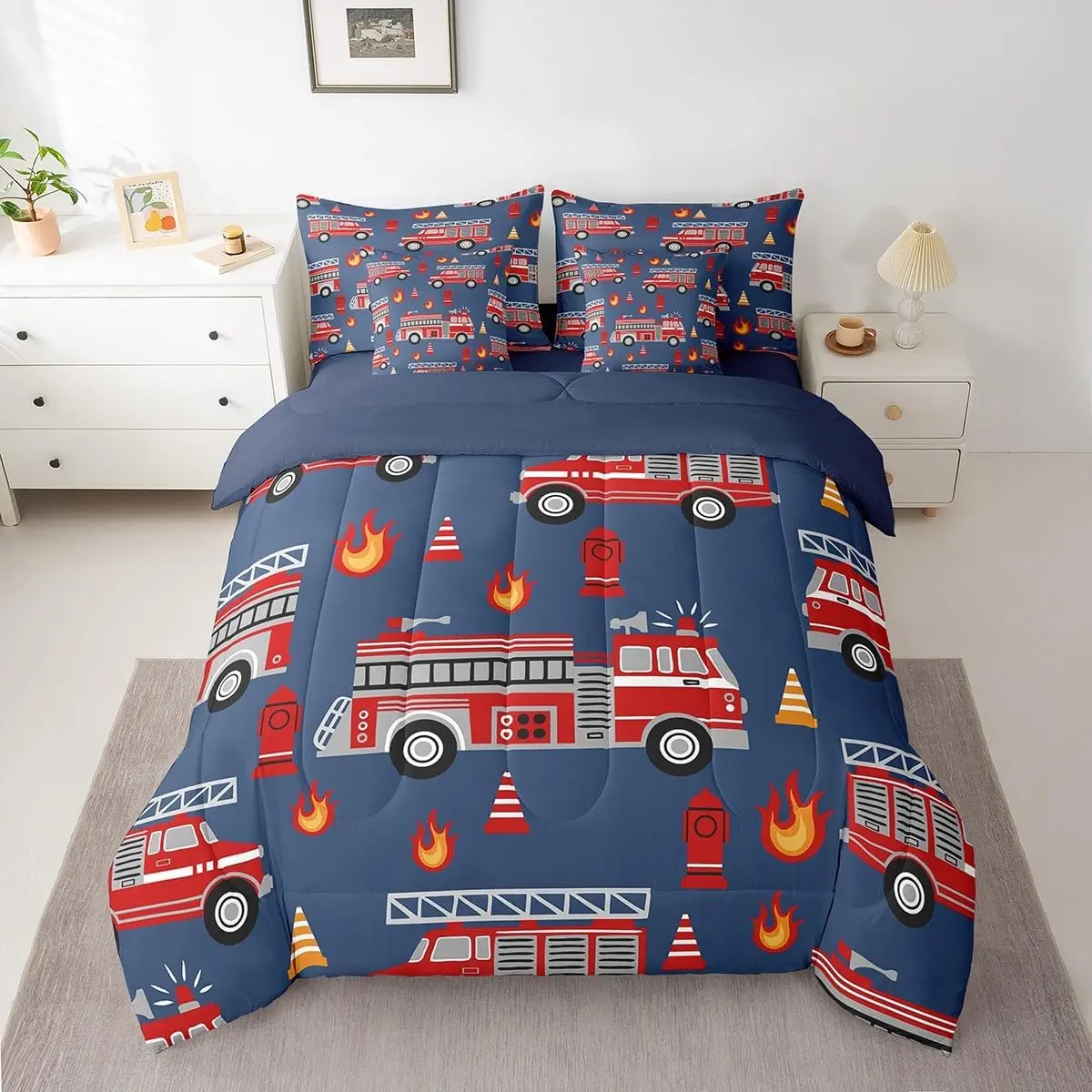 Feelyou 7-Piece Durable Cartoon Fire Truck Print Kids' King Size Bedding Set - Bedsheet Sets with Comforter, Cartoon Printed Blanket, Kids Quilt, Breathable Soft Fabric, Firefighter Vehicle Design, Blue/Red, Machine Washable, Comforter Set