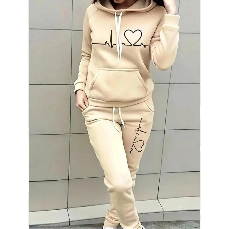 Two-piece Set Women's Heart Print Raglan Sleeve Hoodie & Drawstring Waist Sweatpants Set, Casual Long Sleeve Hooded Pullover & Pocket Jogger Pants, Women's Fall & Winter Outfit, Matching Sets for Women, Women's 2 Piece Sets, Womenswear