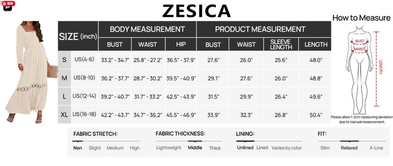 ZESICA Women's 2025 Boho Long Sleeve Square Neck Smocked High Waist Flowy A Line Lace Trim Maxi Dress