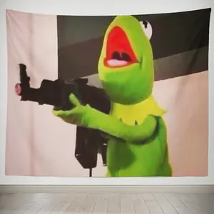 Kermit the Frog Tapestry, Large Muppets Wall Hanging Room, Soft Peach Beige Velvet-Like Texture ,Iconic Green Frog Character Design