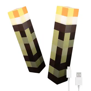 2 Pcs Pixel Block Torch Light, LED Night Light for Gaming Room Decor, Torch Lamp, USB Rechargeable, Kids' Bedroom Lighting, Cosplay Role Play, 4 Lighting Color, Wall Light