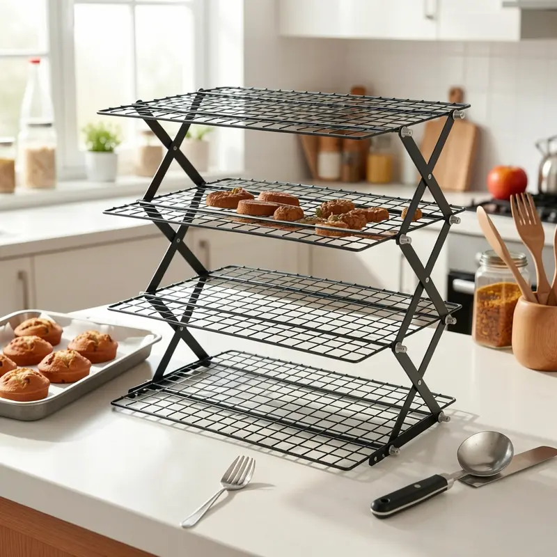 4-Tier Foldable Cooling Rack, Baking Pan Wire Rack, Outdoor Picnic Rack, Adjustable 4 Setting Designs, Collapsible Food Display Stand, Multi-Purpose Serving Tray, Camping Grill for for Baking, Roasting, Grilling, Picnics, with 20pcs Parchment Paper