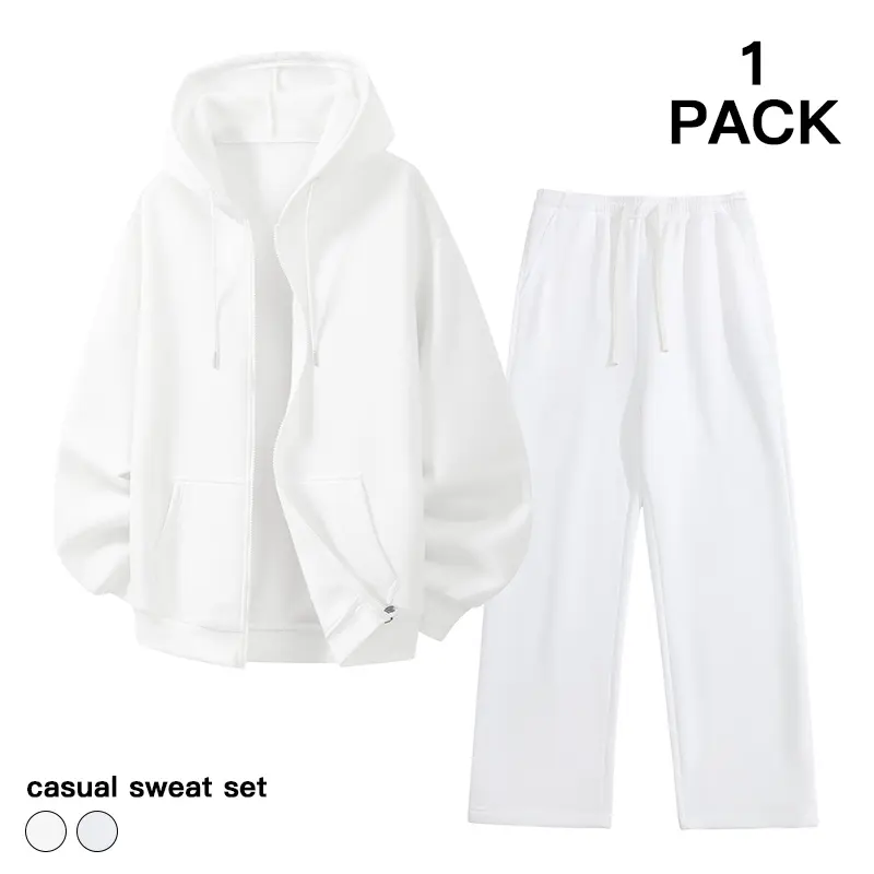 Men Solid Pure Black 2‑Piece Clean Fit Tracksuit Oversized Full Zip Hoodie Elastic Drawstring Wide‑Straight Leg Sweatpants Co‑ord Set For Ins Street OOTD Daily Commuting Campus Loungewear