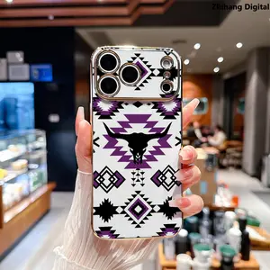 Western Cowboy Bull Head Geometry Soft Phone Case for iPhone 17 Pro Max Air 16 Plus 15 14 13 12 11 Elegance Luxury Golden Edge Electroplating Phone Protection Cover Premium Slim Shockproof Lightweight Protective Cover Rugged Durable Silicone Cover