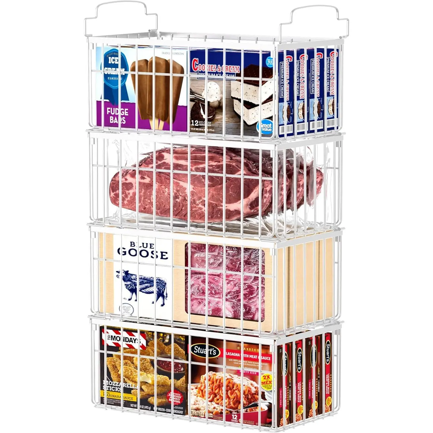 Freezer Organizer Bins, 4 Pack Stackable Deep Chest Freezer Organizer Bins, Foldable Baskets with Handles, White Container Baskets for 5/ 7 Cu.FT Sort Frezen Meats
