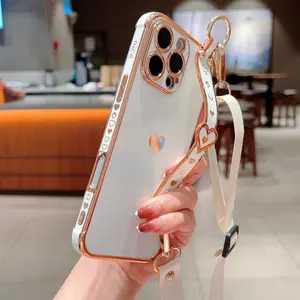 Electroplated Solid Heart Phone Case with Lanyard and Wrist Strap, Portable for Daily Use and Travel, Fits iPhone 11 12 13 14 15 16 17 Pro Plus Pro Max
