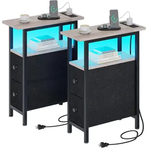 End Table Set 2 with  Station, Narrow Side Table with 2 Fabric Drawers, Skinny Nightstand with LED Light, Slim Bedside Table for Bedroom, Living Room, Small Spaces, Greige and Black