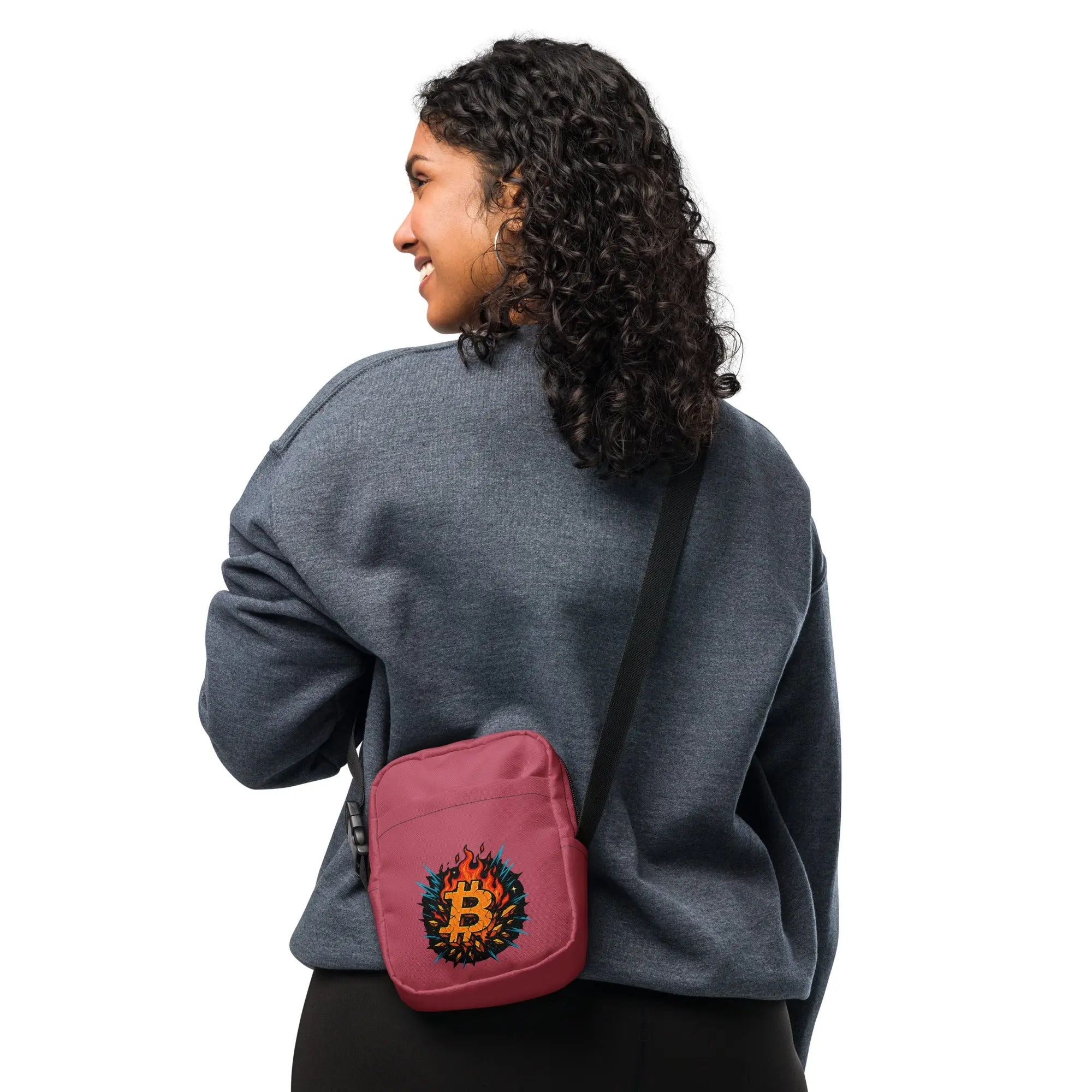 Bitcoin Crossbody Utility Bag – Flaming BTC Logo, Crypto Streetwear Gear - Pink Edition