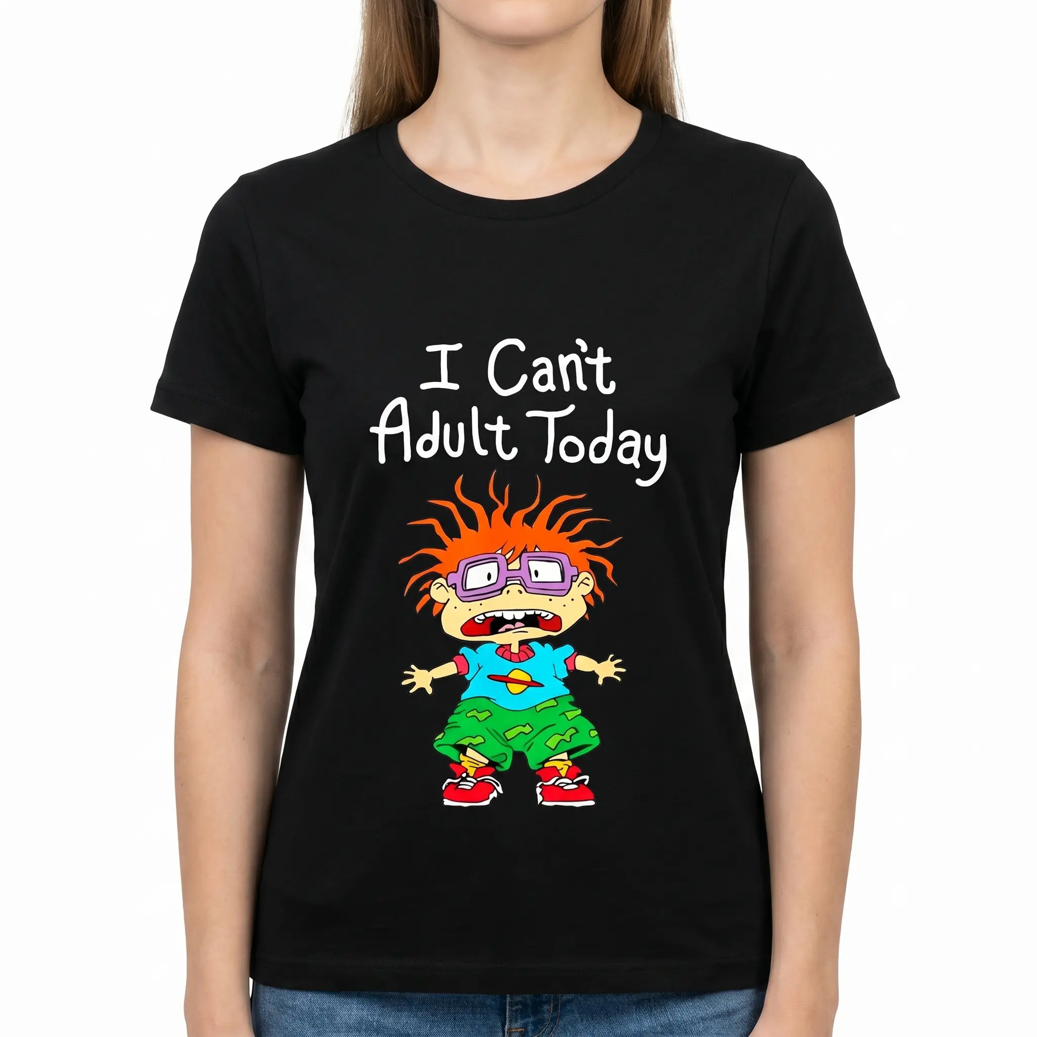 Unisex Cotton Printed Sports Top - "I Can't Adult Today" Rugrats 90s Retro American Cartoon Graphic, Comfortable Fabric Short-Sleeved Crewneck, Casual Streetwear for Pop Culture Enthusiasts