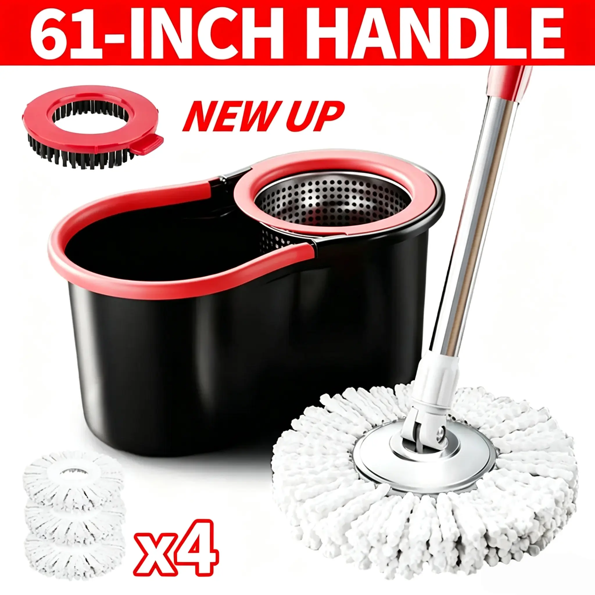 Spin Mop And Bucket Set with Wringer, 360° Rotating Mop Bucket System, Includes 3 Microfiber Mop Refill Heads And A 61-Inch Adjustable Stainless Steel Handle, Ideal for Bathroom Use, Efficient Floor Cleaning, Home Cleaning