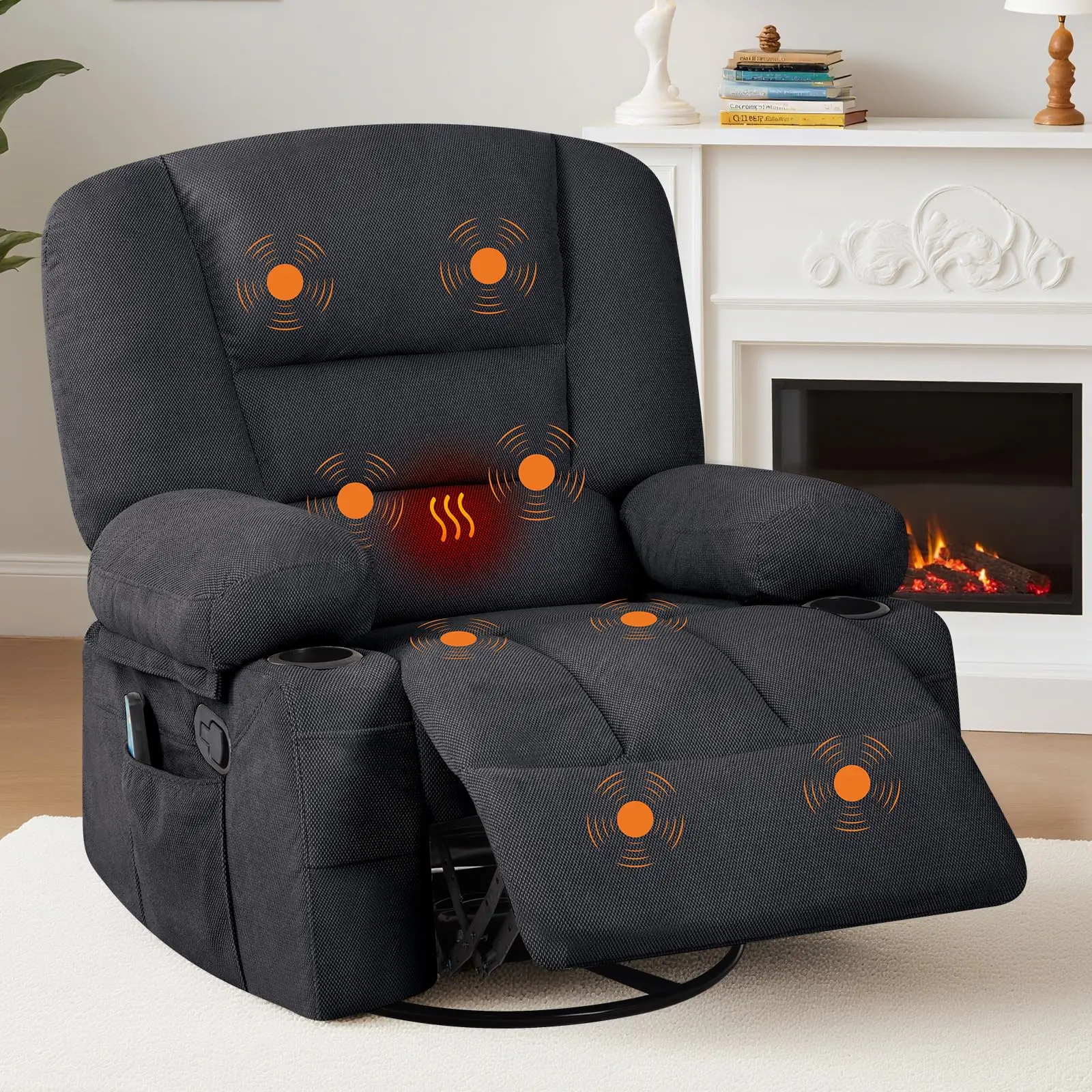 Oversized Recliner Chair with Vibration Massage and Heat, 360° Swivel Nursery Rocking Chairs for Adults, Glider Recliner Chairs with Side Pockets Cup Holders,for Living Room, Bedroom, Nursery