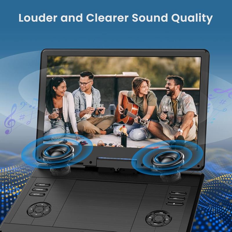 16.5" Portable DVD Player with 14.1" Large  Swivel Screen, 6 Hours Rechargeable , DVD Player Portable Support MP4, MKV Video & USB/SD Card/Sync TV, High Volume Speaker,  Regions