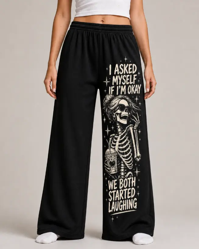 Funny Skeleton Pajama Pants, Women Wide Leg Lounge Pants, Sarcastic Black Graphic Pants, Goth Skeleton Sleepwear, Comfy Pajama Bottoms