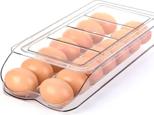 1-Tier Clear Plastic Fridge Egg Holder - Automatic Rolling Egg Dispenser, Stackable Refrigerator Storage Bin with Lid, Refrigerator Parts & Accessories