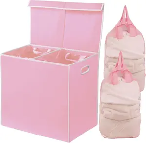 Double Laundry Hamper with Lid & Removable Bags Pink Durable Lightweight Polypropylene 23Lx13Wx22.75H for Closet & Bathroom Storage