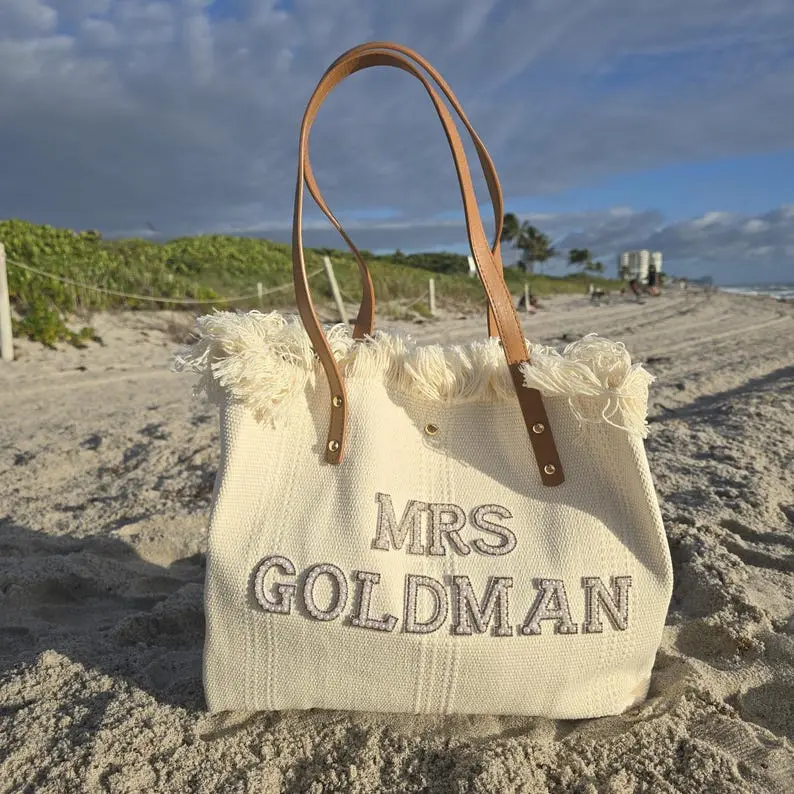 Custom Bride Tote Bag: Bridal Shower Gift, Custom Mrs Pearl Letter