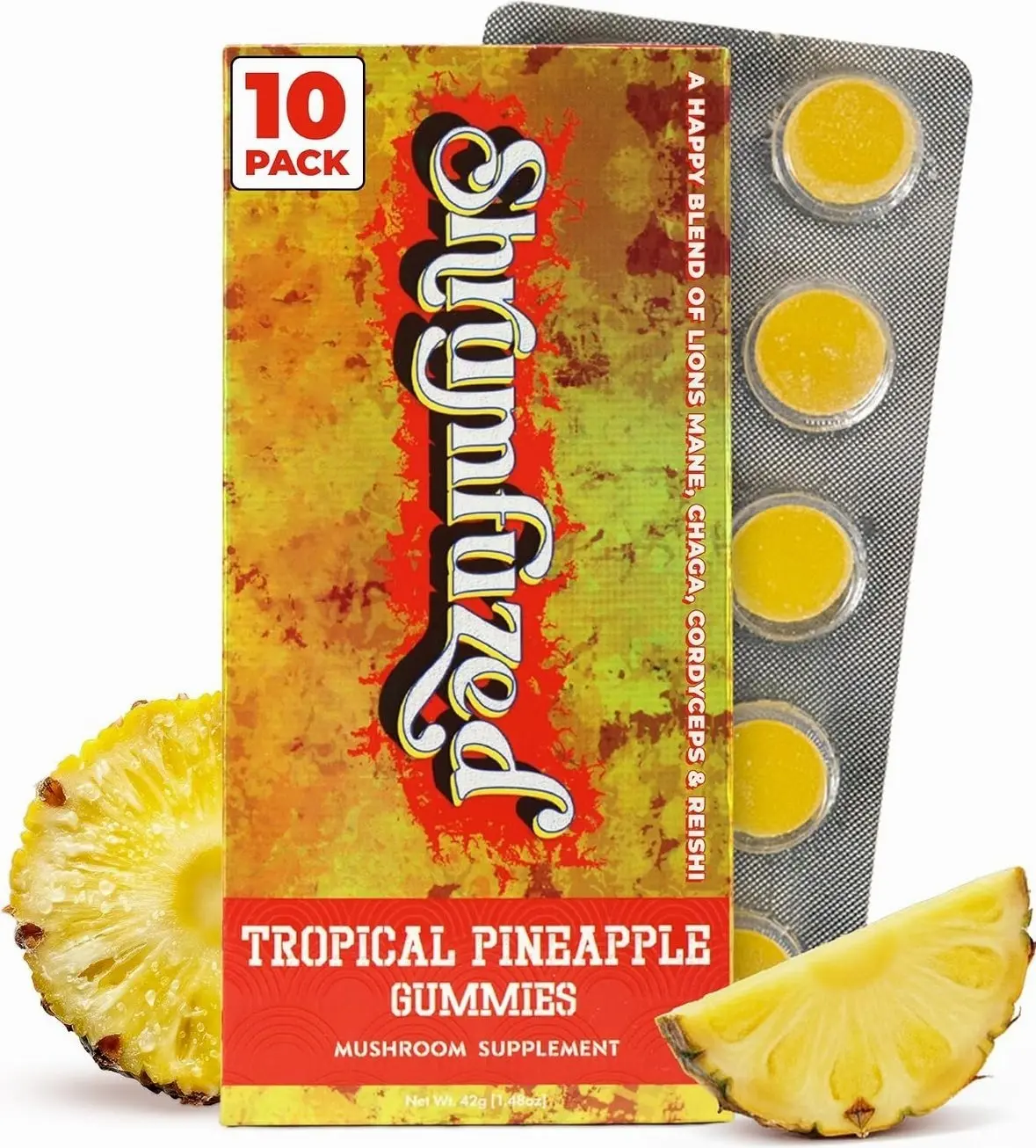 Shrumfuzed Mushroom Gummies, Tropical Pineapple (10 Count) | Nootropic Mushroom Supplement, Lion's Mane, Reishi, Cordyceps, Chaga