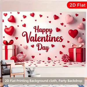 1pc Valentine Backdrop Happy Theme Romantic Red Heart Gift Design Polyester Material No Electricity Needed for Home Office Photography