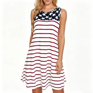 Summer Dresses for Women 2026 4th of July Outfit Sleeveless A Line Sundress Casual Flowy Tank Dress Lightweight Breathable Soft Beach Vacation Dress Red White Blue Patriotic Holiday Outfit Party Wear