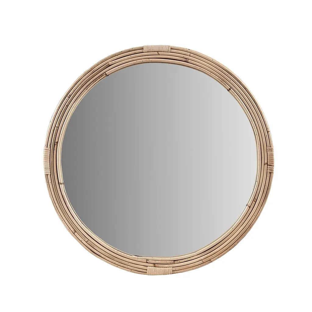 Martha Stewart Handwoven Natural Rattan Round Wall Mirror - 26x26x1in & 22.25in Options, Wall Mount, Modern Minimalist Room Decor, Coastal Finish, Glass & MDF Backing, Bedroom Decor, Handwoven Design, Rich Texture, Tonal Highs and Lows, 22.25 Inches