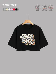 Women's 80s 90s Letter Print Round Neck Crop Tee, Casual Short Sleeve Crew Neck T-shirt for Daily Wear, Ladies Summer, Casual Chic Top, Casual Fashion Comfy