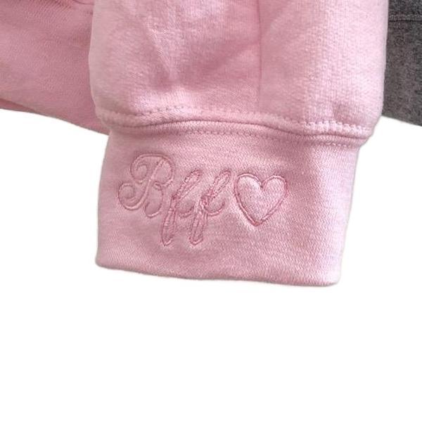 Coquette embroidered pink bow sweater with BFF and a heart on the right cuff,  gift idea for your bestie, gift idea for your sister, pink bow, embroidered pink bow, valentines day gifts, chic style,