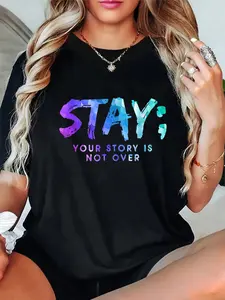 Women's Casual Graphic T-Shirt with Suicide Prevention Awareness Print, 100% Cotton Loose Fit Round Neck Short Sleeve Top