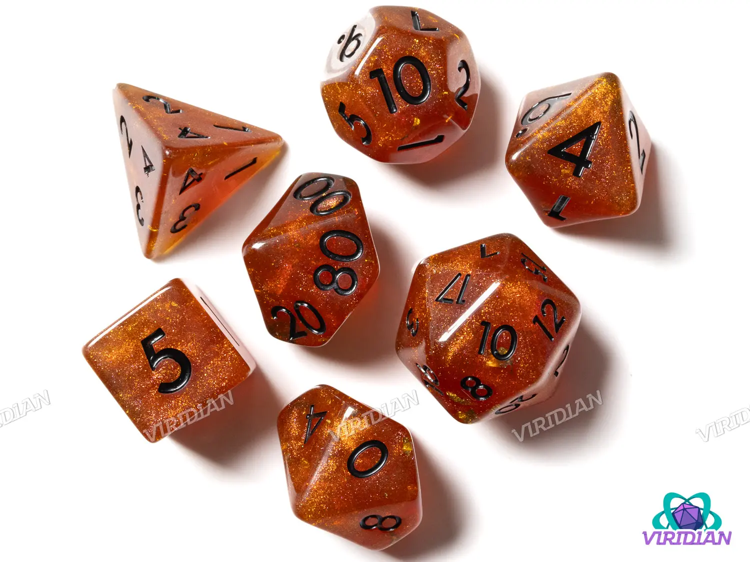 Dying Embers | Orange Glitter, Gold Foil with Black Text  Resin Dice Set (7) | Dungeons and Dragons (DnD)