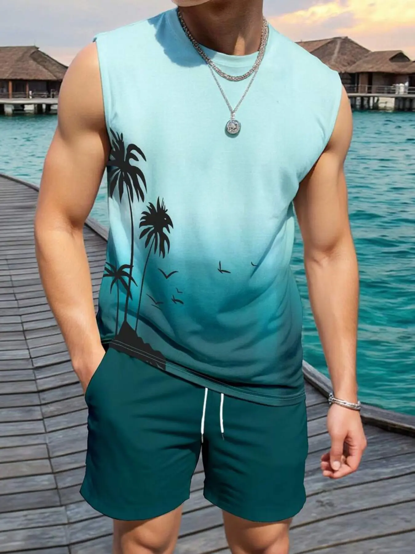 Men's Gradient Ombre Tropical Plant Print Round Neck Tank Top and Drawstring Waist Shorts Set, Menswear Casual Summer Vacation Two-Piece Matching Sets, Sleeveless Shirt, Resort Wear Set, Casual Clothing Set