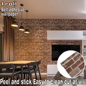 1 roll of self-adhesive red brick-effect wallpaper, easy to apply, clean and trim, with a remarkably realistic visual effect. Suitable for wall decoration in living rooms, bedrooms, kitchens, bathrooms and more. The ultimate DIY home improvement solution.