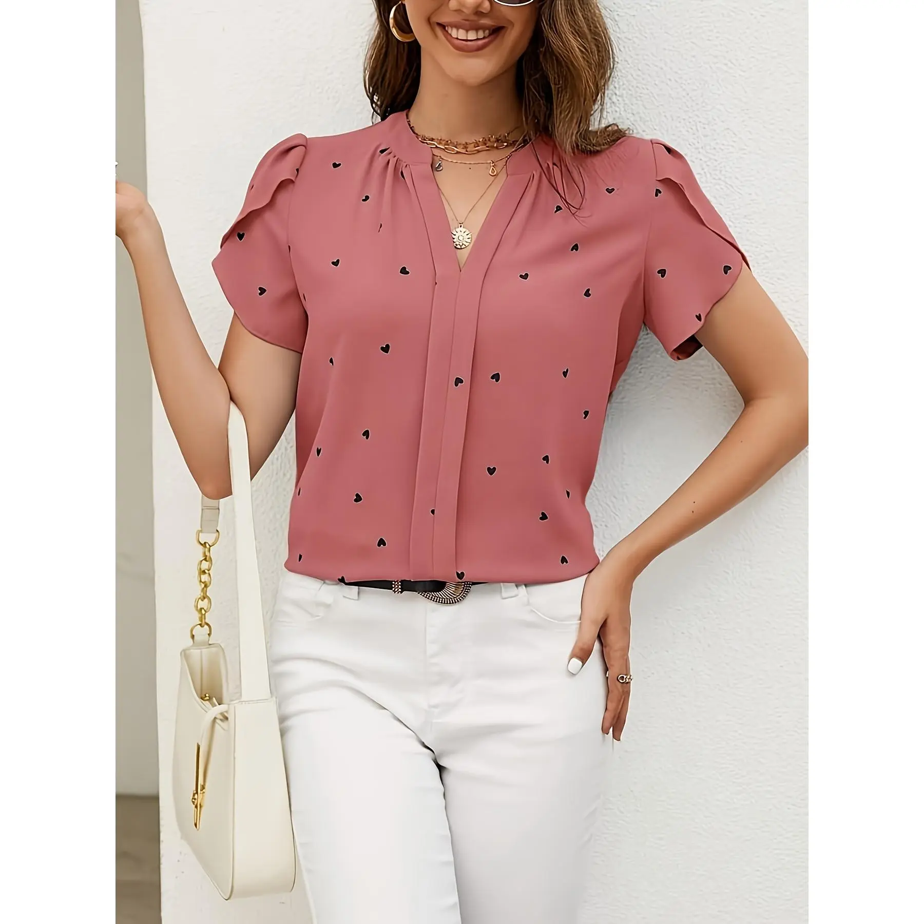 Women's Light Blue Heart Pattern V-Neck Blouse - Casual Polyester/Spandex, Petite Sizes Available, Machine Washable, Everyday Fashion | Vneck Top | Smooth Texture