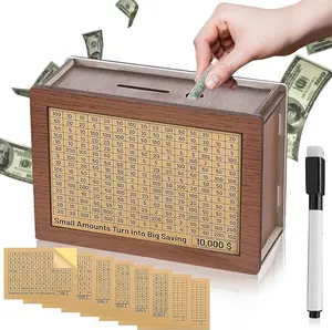 Cash Vault Wooden Money Saving Box for 10000, 5000, 3000, 2000, 1000, 500 Money Saving Challenge with Dry Erase Pen and Blank Trackers - Decor, Piggy