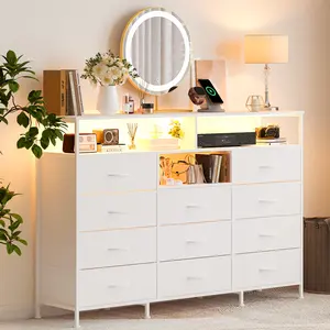Bedroom Dresser with 10 Fabric Drawers, Modern Organizer with LED Lighting & Charging Station, Storage Chest for Living Room & Dorm