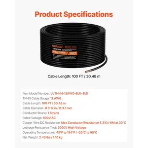 VEVOR 12 AWG Solid THHN Wire, 100 OFC Copper Electrical Building Wire with Nylon Jacket PVC Insulation, Rated for Up to 600 Volts, Heavy-Duty for Residential, Industrial, Commercial, Black (100 Feet)