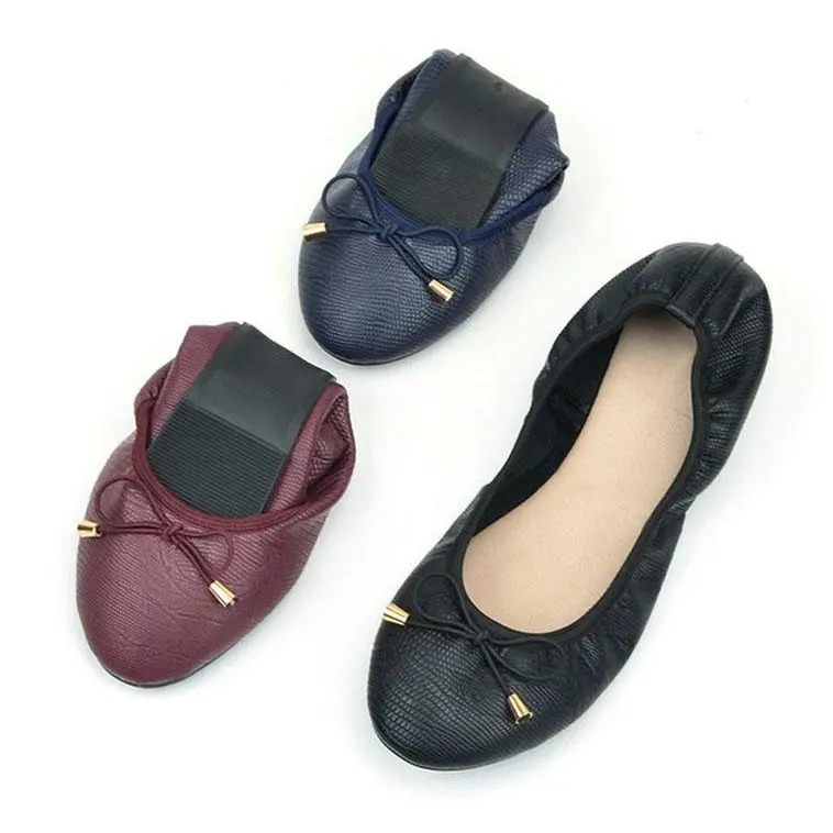 Women's Foldable Textured Faux Leather Ballet Flats - Round Toe, Slip-On Bow, Roll-Up Travel Shoes, Portable Purse Emergency Shoes for Office Commute Driving, Comfortable Casual Elegant Footwear, Office Work, Office Wear, Classic Ballet
