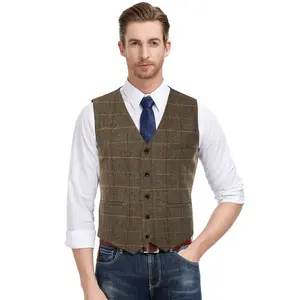 PJ PAUL JONES Men's Western Herringbone Tweed Suit Vest Wool Blend V Neck Slim Fit Waistcoat