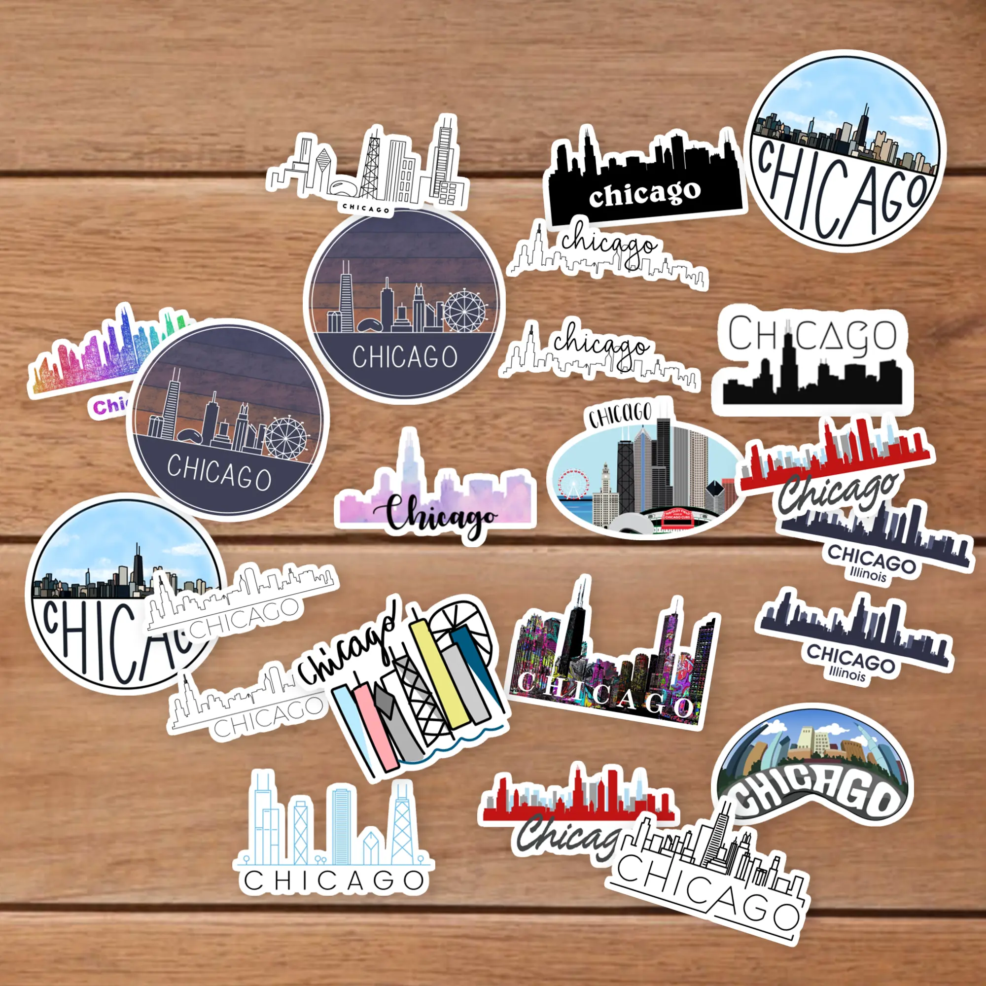 Stickers Pack 20 Pcs Chicago Colorful Skyline Bumper Vinyl Car Waterproof Bike Water Bottle Aesthetic Guitar Luggage Skateboard Laptop
