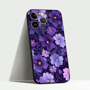 Black Soft Silicone Phone Case Featuring Purple Flower Art, Compatible with Iphone Models 11, 12 Mini, 13, 14, 15 Plus, And 16 Pro Max.