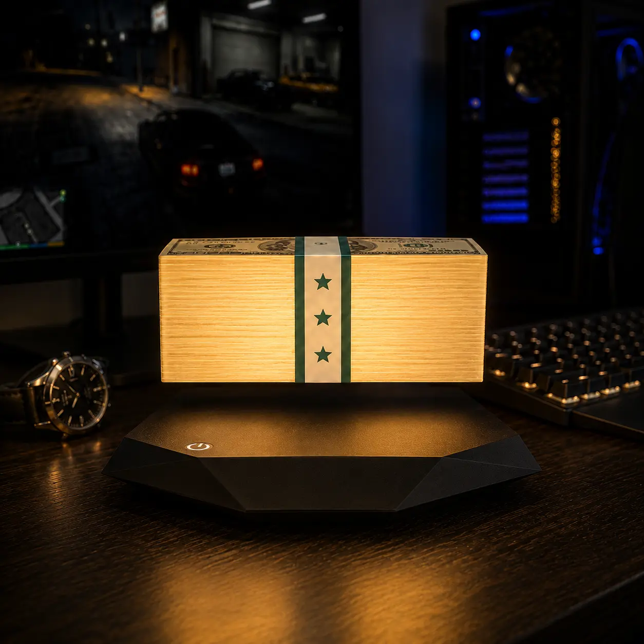 Magnetic Levitating Money Stack Night Light | 3-Color Modes (Warm/Cool/White) 360° Floating Cash Ambient Lamp, Crime City Heist Room Decor for Bedside & Game Room & Halloween Decor sohochic