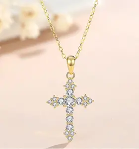 VY Rose Gold Full Diamond Cross Necklace, Elegant Versatile Clavicle Chain Stone Initial Letter Set