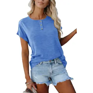 Women's Casual Short Sleeve T-Shirts Summer Basic Crew Neck Loose Fit Henley Shirts