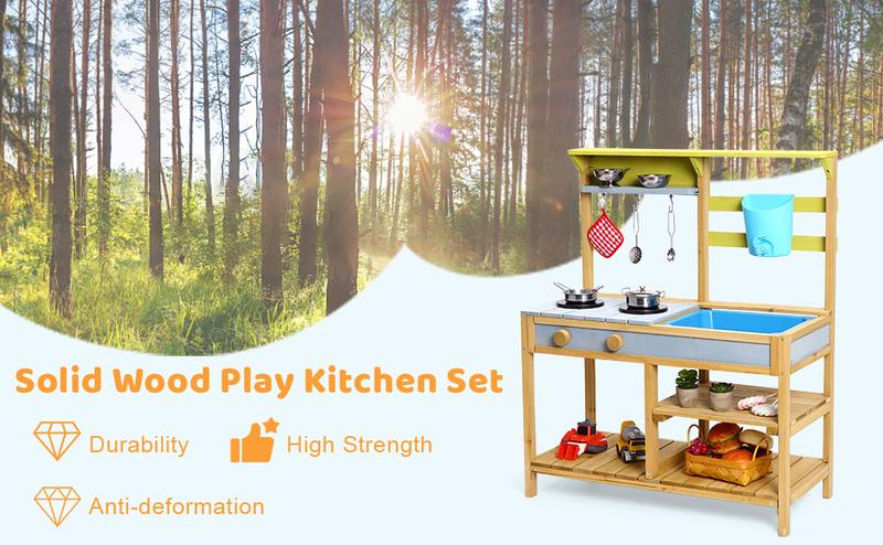 GARVEE Wooden Play Kitchen for Toddlers and Outdoor Use with Stove Top, Rotatable Knob, Water Box, Faucet, and Removable Sink - Pretend Play Toy for Boys and Girls
