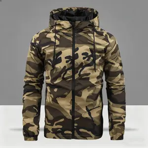 A men's camouflage hooded jacket with street fashion style, featuring a camouflage pattern that is stylish and trendy. The hooded design can be adjusted flexibly, allowing for a loose fit without any restriction. Pair it with simple shoes for a casual str