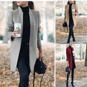 Women's Solid Color Collar Long-Sleeve Woolen Coat, Basic Navy Style, Polyester-Blend Fabric